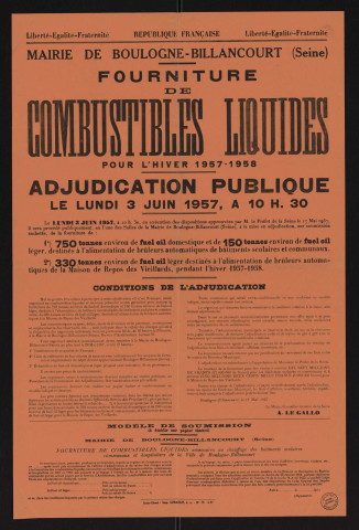 Fourniture des combustibles solides pour l'hiver 1957-1958 : adjudication publique,