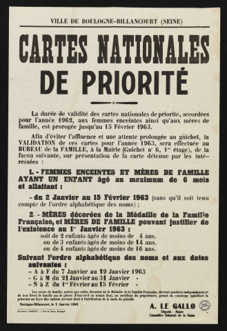 Cartes nationales de priorité [pour femmes enceintes et mères de famille],