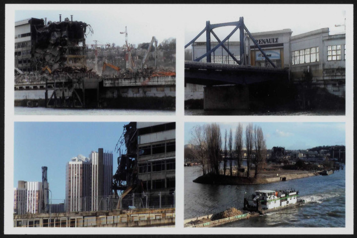 (sans titre), Boulogne-Billancourt . Ile Seguin . - usines Renault, vues - 4 vignettes :en haut, à gauche : Renault-Ile Seguin en démolition en haut, à droite: entrée de l'usine Renault en bas, à gauche : Renault-Ile Seguin en démolition et au second plan, immeubles en bas, à droite : l'Ile Seguin