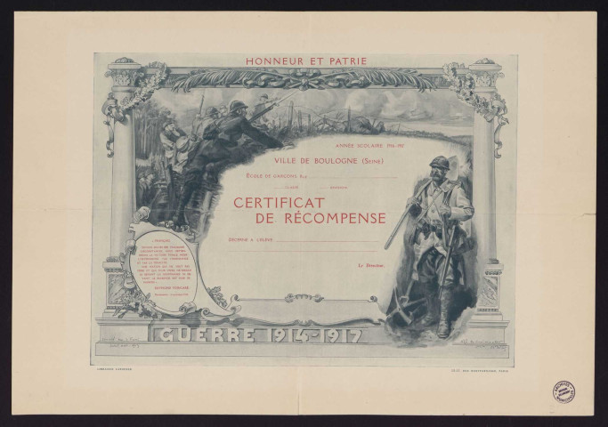 Honneur et patrie, certificat de récompense [pour les garçons scolarisés à Boulogne-Billancourt, année scolaire 1916-1917], Diplôme patriotique à partir d'un dessin réalisé sur le front à l'été 1915 par l'adjudant de Casimacker, 1ère compagnie, 25e régiment d'infanterie territoriale.