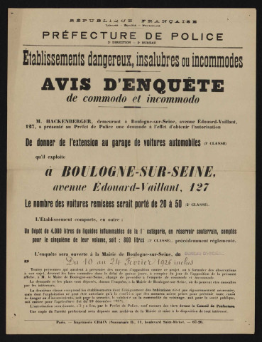 Avis d'enquête de commodo et incommodo : avenue Edouard-Vaillant 127, M. Hackenberger : extension d'un garage de voitures automobiles, dont le nombre de places est porté de 20 à 50.