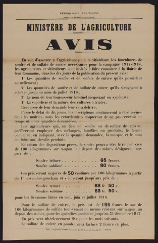 Répartition et vente à l'agriculture du soufre et du sulfate de cuivre pour la campagne 1918-1919,