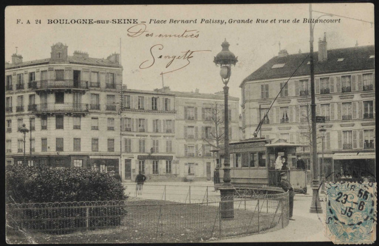 24 - Boulogne-sur-Seine - Place Bernard Palissy, Grande Rue et rue de Billancourt, Boulogne-Billancourt . carrefour de la place Bernard Pallisy, avenue Jean-Baptiste Clément et rue de Billancourt . - perspectiveau premier plan, à gauche, la place Bernad Palissy. A droite, un tramway sur l'avenue Jean-Baptiste Clément. au second plan, à gauche, les postes et télécomes de la rue de Billancourt.