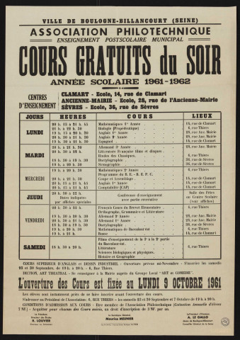 Association philotechnique : cours gratuits du soir, année scolaire 1961-1962,