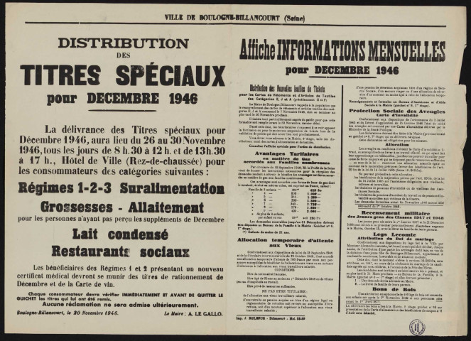 Distribution des titres de rationnement pour décembre 1946 ; informations mensuelles pour décembre 1946,