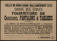 Caisse des écoles : fourniture de chaussures, pantalons et tabliers,