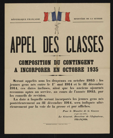 Appel des classes : composition du contingent à incorporer en octobre 1935,