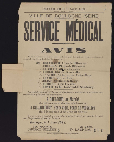 Service médical : avis [relatif aux médecins disponibles],