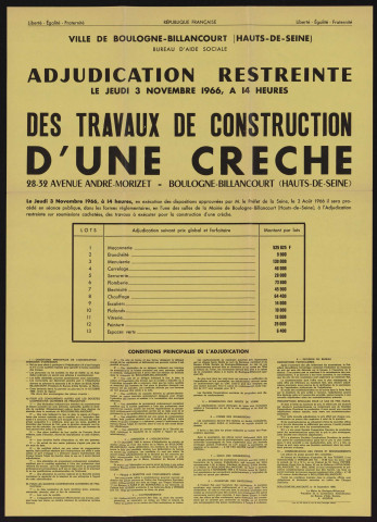 Adjudication restreinte des travaux de construction d'une crèche 28-32 avenue André-Morizet,