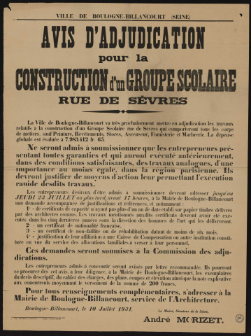 Avis d'adjudication pour la construction d'un groupe scolaire rue de Sèvres,