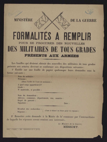 Formalités à remplir pour se procurer des nouvelles des militaires de tous grades présents aux armées,