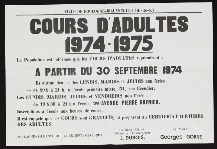 Cours d'adultes, 1974-1975 é,