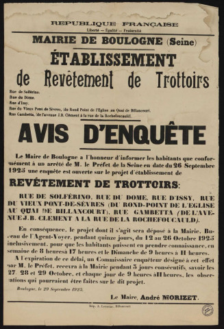 Etablissement de revêtement de trottoirs rue de Solférino, rue du Dôme, rue d'Issy, rue du Vieux-Pont-de-Sèvres [...], rue Gambetta [...] : avis d'enquête,