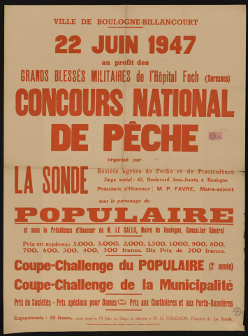 Concours national de pêche organisé par La Sonde [...] au profit des grands blessés militaire de l'hôpital Foch (Suresnes),