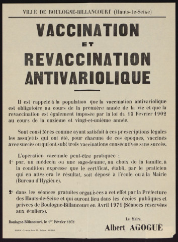 Vaccination et revaccination anti-variolique,