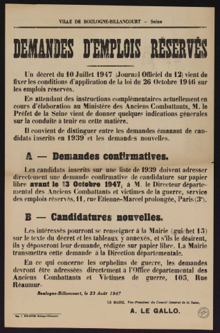 Demandes d'emplois réservés,