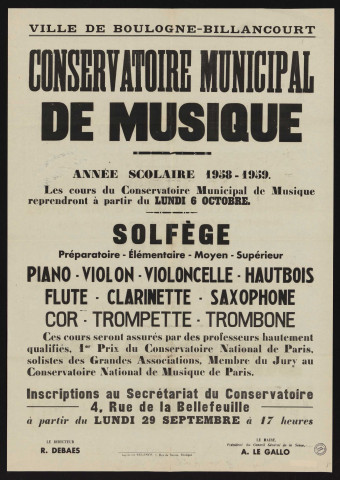 Conservatoire municipal de musique, année scolaire 1958-1959,