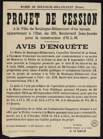 Projet de cession à la ville de Boulogne-Billancourt d'un terrain appartenant à l'Etat, sis 259 boulevard Jean-Jaurès pour la construction d'HLM,