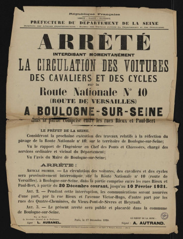 Arrêté interdisant momentanément la circulation des voitures, des cavaliers et des cycles sur la route nationale n°10 (route de Versailles),