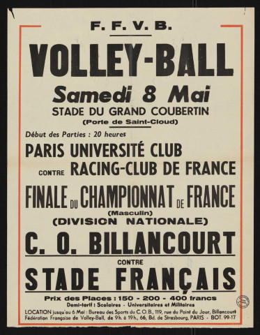 Volley-ball : finale du championnat de France (masculin) division nationale : CO Billancourt contre Stade français,