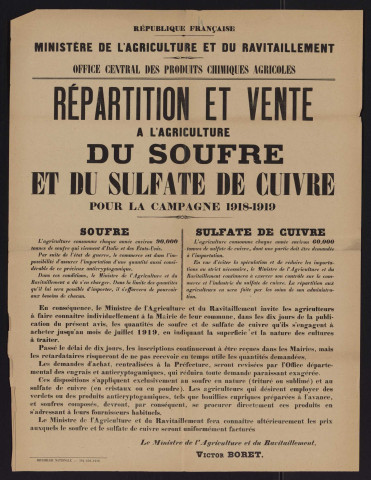 Répartition et vente à l'agriculture du soufre et du sulfate de cuivre pour la campagne 1918-1919,