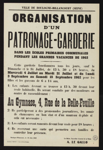 Organisation d'un patronage-garderie dans les écoles primaires communales pendant les grandes vacances de 1962,