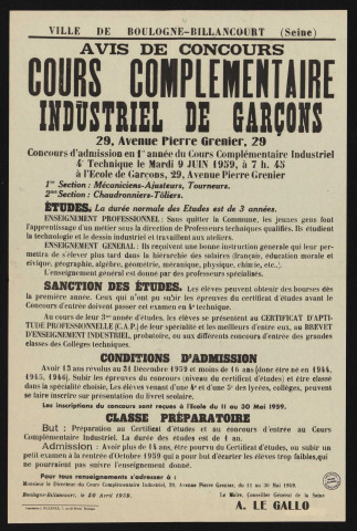 Avis de concours de cours complémentaire industriel de garçons,