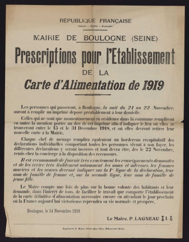 Prescriptions pour l'établissement de la carte d'alimentation de 1919,