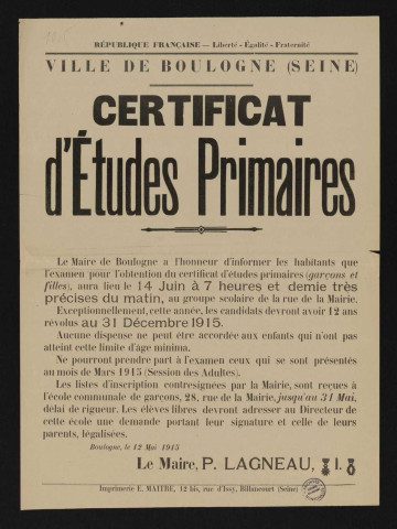 Certificat d'études primaires ,