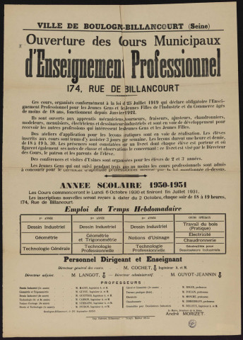 Ouverture des cours municipaux d'enseignement professionnel 174 rue de Billancourt,