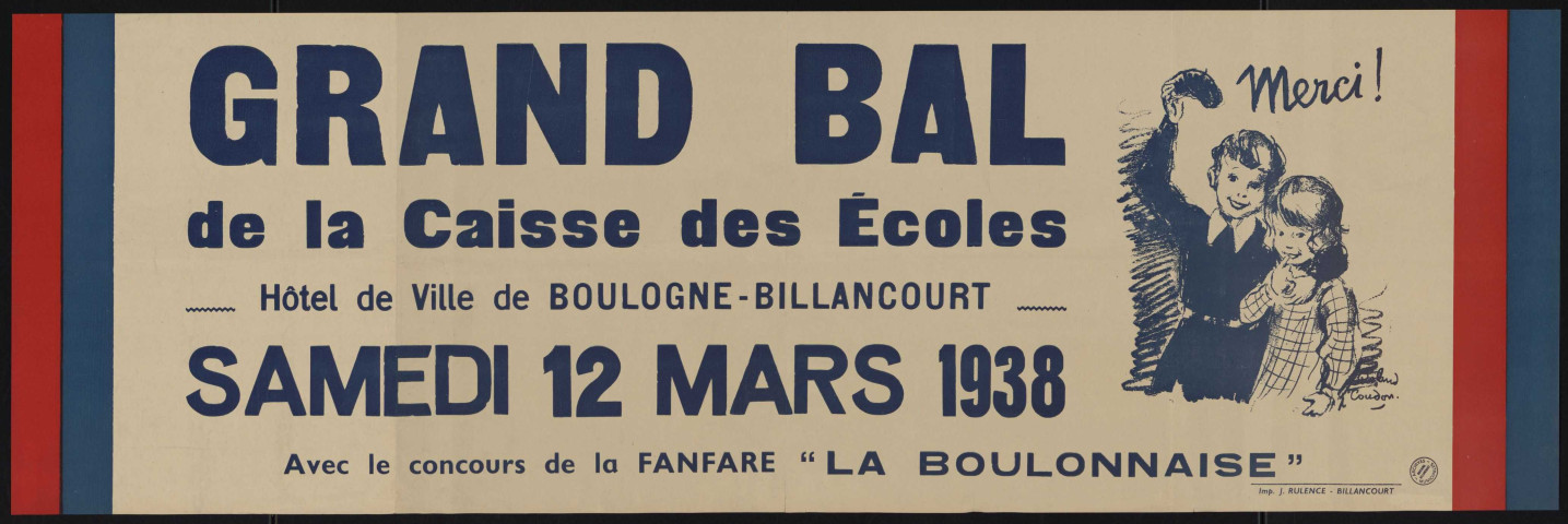 Grand bal de la caisse des écoles avec le concours de la fanfare La Boulonnaise, Dessin de Roland Coudon.