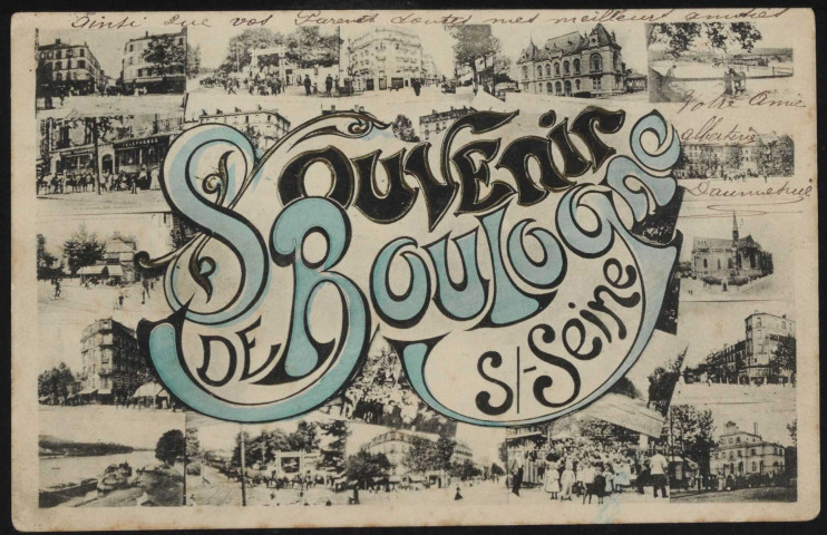 Souvenir de Boulogne S/-Seine, Boulogne-Billancourt . - vues miniaturescarte souvenir comportant des vues miniatures d'une poste, l'église Notre-Dame, l'entrée du vélodrome, la mairiee, le marché, la salle des fêtes, l'abreuvoir et l'hospice des vieillards
