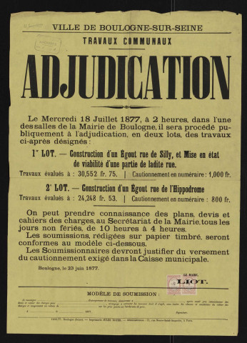 Adjudication [de la construction d'égout rue de Silly et rue de l'Hippodrome],