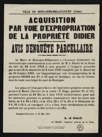 Acquisition par voie d'expropriation de la propriété Didier : avis d'enquête parcellaire,