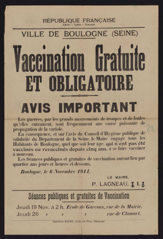 Vaccination gratuite et obligatoire : avis [de séances publiques et gratuites de vaccination [en novembre 1914],