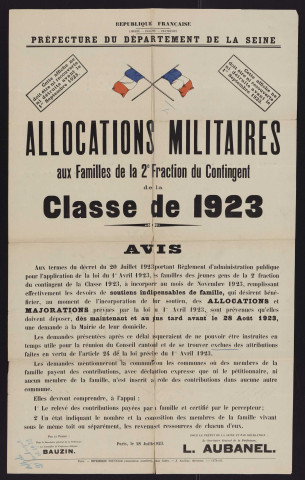 Allocations militaires aux familles de la 2e fraction du contingent de la classe 1923,