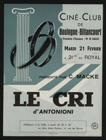 Ciné-Club de Boulogne-Billancourt, mardi 21 janvier : Le Cri, d'Antonioni,