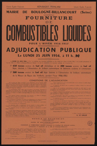 Fourniture des combustibles liquides pour l'hiver 1956-1957 : adjudication publique,