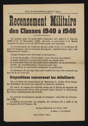 Recensement militaire des classes 1940 à 1946,