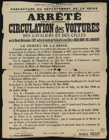 Arrêté interdisant momentanément la circulation des voitures, des cavaliers et des cycles sur la route nationale n°307 entre la limite de Paris et la rue de Silly,