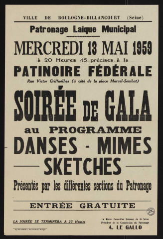 Patronage laïque municipal : soirée de gala mercredi 13 mai 1959 [...] à la patinoire fédérale,