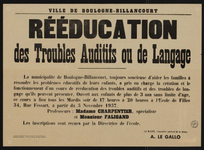 Rééducation des troubles auditifs ou de langage,