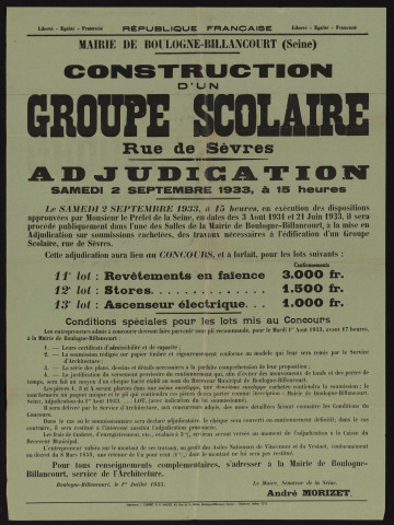 Construction d'un groupe scolaire rue de Sèvres : adjudication,