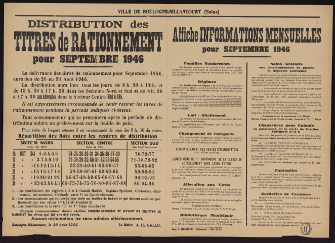 Distribution des titres de rationnement pour septembre 1946 ; informations mensuelles pour septembre 1946,