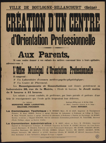 Création d'un centre d'orientation professionnelle,