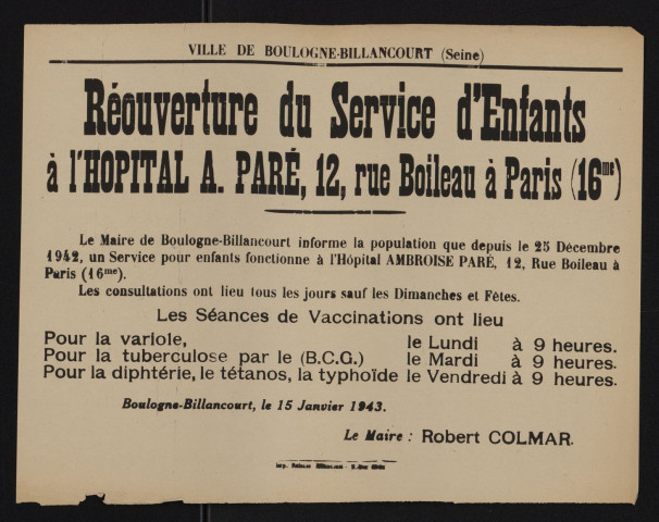 Réouverture du service d'enfants à l'hôpital Ambroise-Paré 12 rue Boileau à Paris (16e),