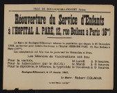 Réouverture du service d'enfants à l'hôpital Ambroise-Paré 12 rue Boileau à Paris (16e),