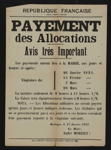 Payement des allocations [militaires : horaires],