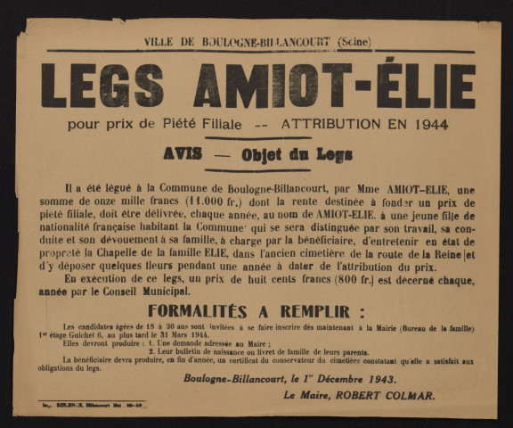 Legs Amiot-Elie pour prix de piété filiale : attribution en 1944,