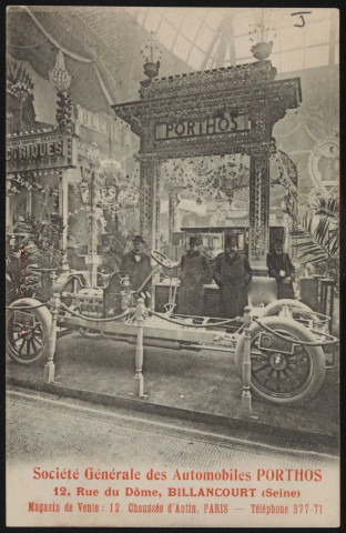 Société Générale des Automobiles Porthos - 12 rue du Dôme - Billancourt, Boulogne-Billancourt . rue du Dôme . - Automobiles Porthos, publicitéPublicité pour les Automobiles Porthos : photographie lors d'un salon du stand Porthos.